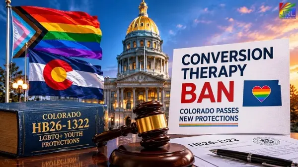 News-style editorial graphic featuring Colorado’s HB26-1322 legislation strengthening LGBTQ youth protections and expanding accountability for conversion therapy practices.