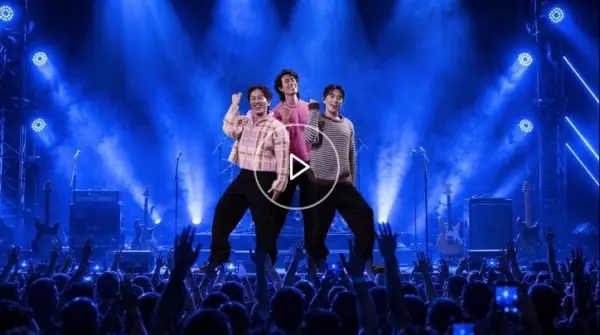 K-pop inspired performers stand on a neon-lit concert stage during the official trailer for MEN.com’s “KPop Booty Munchers.”