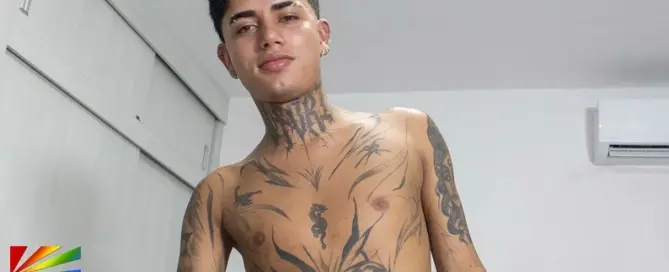 LatinBoyz newcomer Dylan, a tattooed Colombian model featured in a JRL CHARTS Gay News talent spotlight