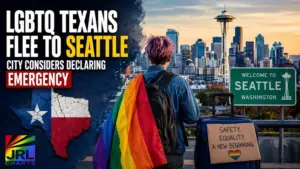 LGBTQ individual with rainbow flag arriving in Seattle skyline as city considers emergency due to migration from Texas