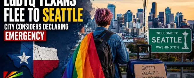 LGBTQ individual with rainbow flag arriving in Seattle skyline as city considers emergency due to migration from Texas