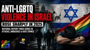 Graphic depicting rising LGBTQ violence in Israel, including ambush attacks, hate crimes, and safety concerns highlighted in 2025 report