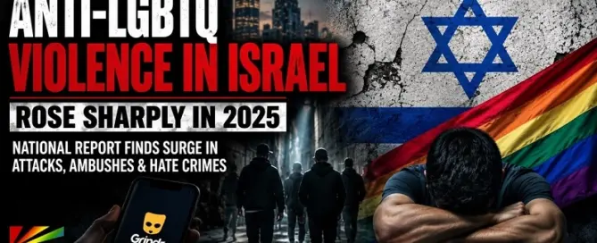 Graphic depicting rising LGBTQ violence in Israel, including ambush attacks, hate crimes, and safety concerns highlighted in 2025 report