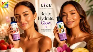 women holding Lick Goods flavored massage oils strawberries and cream and pineapple coconut wellness products