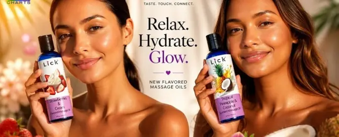 women holding Lick Goods flavored massage oils strawberries and cream and pineapple coconut wellness products