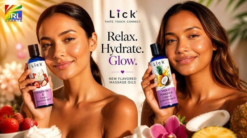 women holding Lick Goods flavored massage oils strawberries and cream and pineapple coconut wellness products