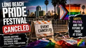 Long Beach Pride Festival canceled sign with LGBTQ pride flags and city skyline in background