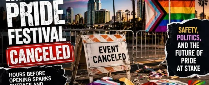 Long Beach Pride Festival canceled sign with LGBTQ pride flags and city skyline in background