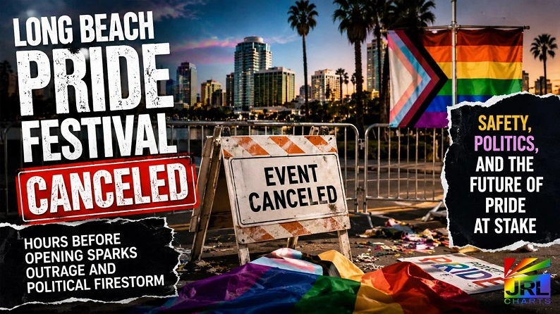 Long Beach Pride Festival canceled sign with LGBTQ pride flags and city skyline in background