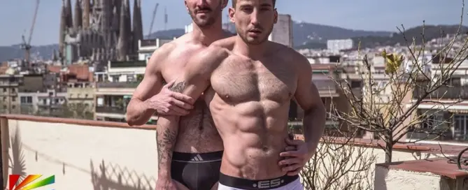 Mika Ayden and Omikink pose on rooftop in promotional image for Lucas Entertainment’s Load Bearing DVD featured by JRL CHARTS Gay News.