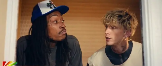 Machine Gun Kelly and Wiz Khalifa in Girl Next Door music video featuring comedic hip hop storyline