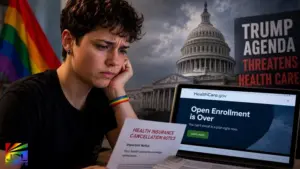 Concerned LGBTQ adult reviewing health insurance cancellation notice as fears grow over Obamacare enrollment declines under Trump healthcare policies.