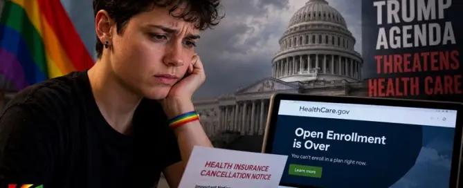 Concerned LGBTQ adult reviewing health insurance cancellation notice as fears grow over Obamacare enrollment declines under Trump healthcare policies.