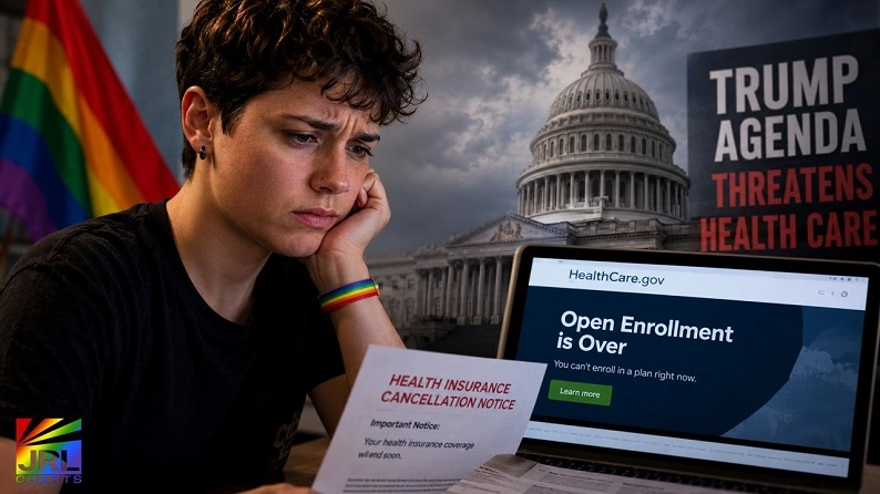 Concerned LGBTQ adult reviewing health insurance cancellation notice as fears grow over Obamacare enrollment declines under Trump healthcare policies.