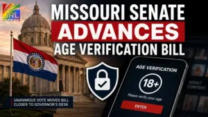Missouri State Capitol and flag with smartphone age verification screen illustrating Missouri age verification bill advancing in the Senate