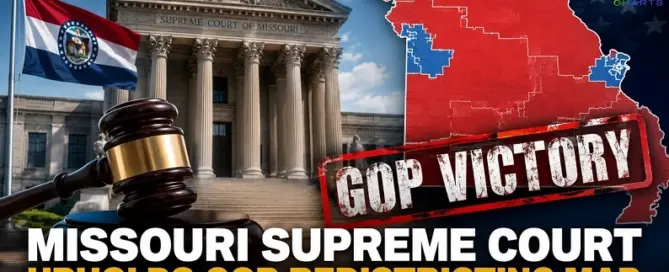 Missouri Supreme Court building with gavel and redistricting map highlighting GOP victory ahead of midterm elections