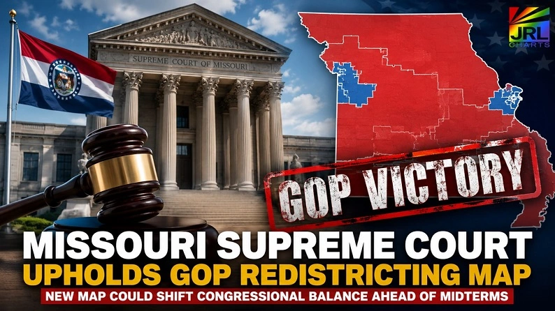 Missouri Supreme Court building with gavel and redistricting map highlighting GOP victory ahead of midterm elections