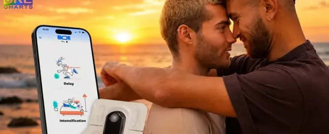 Couple embracing on a beach at sunset beside the MOR Male Enhancement Patch and mobile app, showcasing wearable men's wellness technology.
