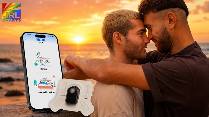 Couple embracing on a beach at sunset beside the MOR Male Enhancement Patch and mobile app, showcasing wearable men's wellness technology.