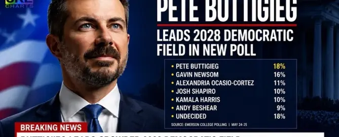 Pete Buttigieg leads a new Emerson College Polling survey of potential 2028 Democratic presidential candidates in a political news graphic.