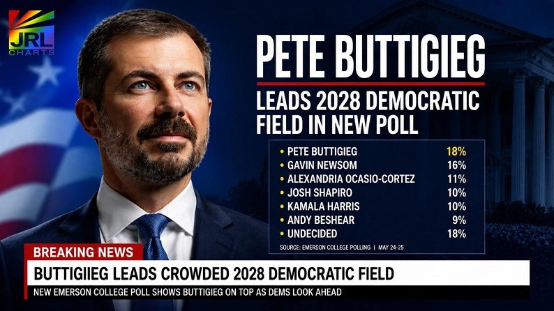 Pete Buttigieg leads a new Emerson College Polling survey of potential 2028 Democratic presidential candidates in a political news graphic.