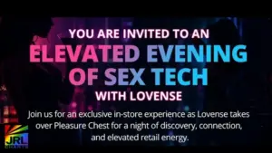 Promotional graphic for Pleasure Chest and Lovense experiential retail events showcasing connected pleasure technology and interactive in-store activations