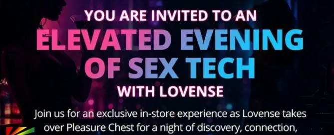 Promotional graphic for Pleasure Chest and Lovense experiential retail events showcasing connected pleasure technology and interactive in-store activations