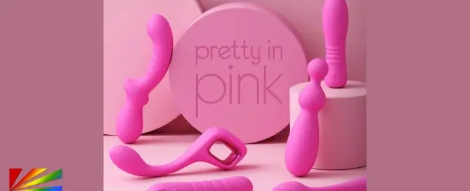 Pink luxury retail display background promoting the Pretty in Pink Collection by NS Novelties for B2B wellness and retail merchandising.