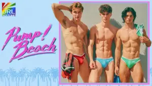 Models wearing PUMP Beach Collection swimwear in colorful low rise briefs for summer beach fashion