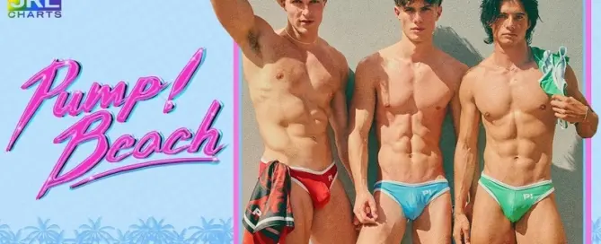 Models wearing PUMP Beach Collection swimwear in colorful low rise briefs for summer beach fashion