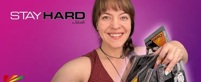 Promotional image featuring the Stay Hard Vibrating C-Ring Set by Blush alongside retail-ready wellness product packaging.