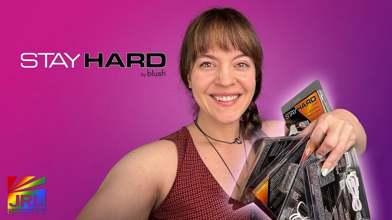 Promotional image featuring the Stay Hard Vibrating C-Ring Set by Blush alongside retail-ready wellness product packaging.