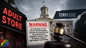 Tennessee state capitol, adult store warning sign and judge gavel representing Tennessee’s controversial adult store warning law and constitutional free speech debate.