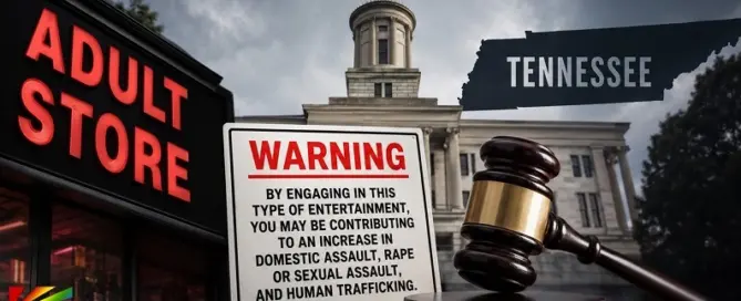 Tennessee state capitol, adult store warning sign and judge gavel representing Tennessee’s controversial adult store warning law and constitutional free speech debate.