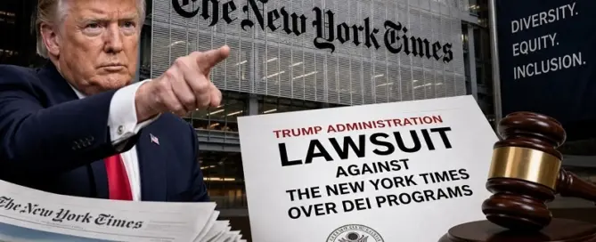 Donald Trump featured in front of The New York Times headquarters in an editorial image highlighting the Trump administration lawsuit targeting DEI programs.