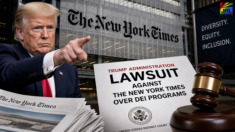Donald Trump featured in front of The New York Times headquarters in an editorial image highlighting the Trump administration lawsuit targeting DEI programs.
