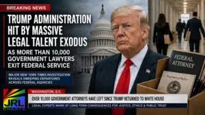 Newsroom graphic showing President Donald Trump as reports reveal more than 10,000 government lawyers have left federal service amid a major legal workforce exodus across federal agencies.