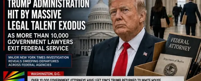 Newsroom graphic showing President Donald Trump as reports reveal more than 10,000 government lawyers have left federal service amid a major legal workforce exodus across federal agencies.