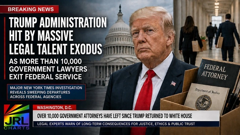 Newsroom graphic showing President Donald Trump as reports reveal more than 10,000 government lawyers have left federal service amid a major legal workforce exodus across federal agencies.