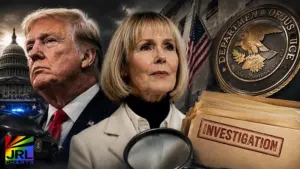 Donald Trump and E. Jean Carroll featured in dramatic newsroom-style image with Department of Justice seal and federal investigation theme.