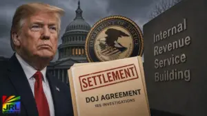 Donald Trump featured beside DOJ seal and IRS building during controversy surrounding reported DOJ settlement blocking future IRS investigations.