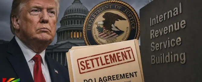 Donald Trump featured beside DOJ seal and IRS building during controversy surrounding reported DOJ settlement blocking future IRS investigations.