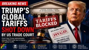 Breaking news graphic showing Trump global tariffs blocked by US Court of International Trade ruling