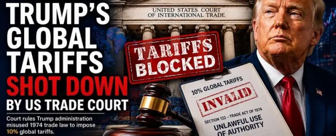 Breaking news graphic showing Trump global tariffs blocked by US Court of International Trade ruling