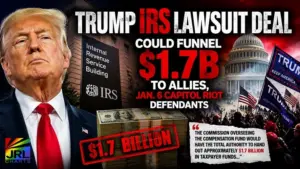 Donald Trump IRS lawsuit graphic showing $1.7 billion fund tied to allies and January 6 Capitol riot defendants
