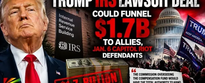 Donald Trump IRS lawsuit graphic showing $1.7 billion fund tied to allies and January 6 Capitol riot defendants
