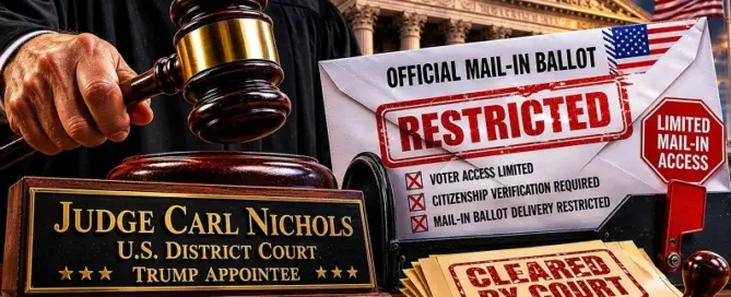 Dramatic newsroom-style illustration showing Judge Carl Nichols, a federal courthouse, restricted mail-in ballot imagery, and executive order voting restrictions tied to Trump’s election law crackdown ahead of the 2026 midterms.