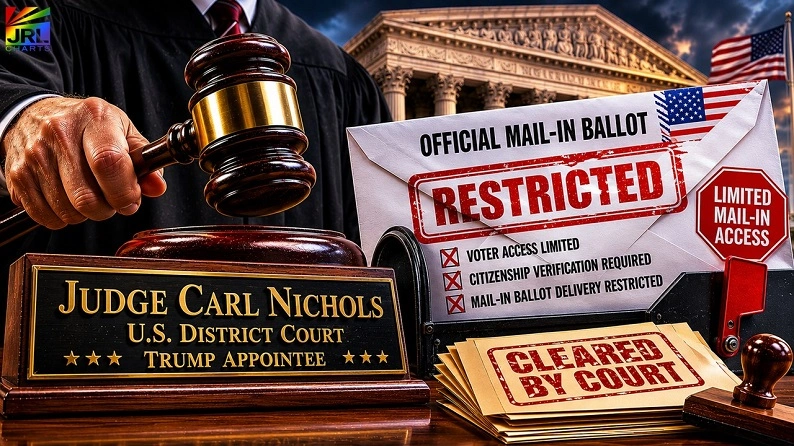 Dramatic newsroom-style illustration showing Judge Carl Nichols, a federal courthouse, restricted mail-in ballot imagery, and executive order voting restrictions tied to Trump’s election law crackdown ahead of the 2026 midterms.