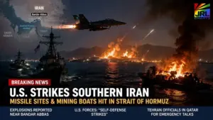 graphic showing US naval forces and airstrikes targeting Iranian missile launchers and mine-laying boats near the Strait of Hormuz.