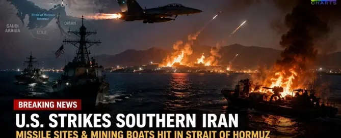 graphic showing US naval forces and airstrikes targeting Iranian missile launchers and mine-laying boats near the Strait of Hormuz.